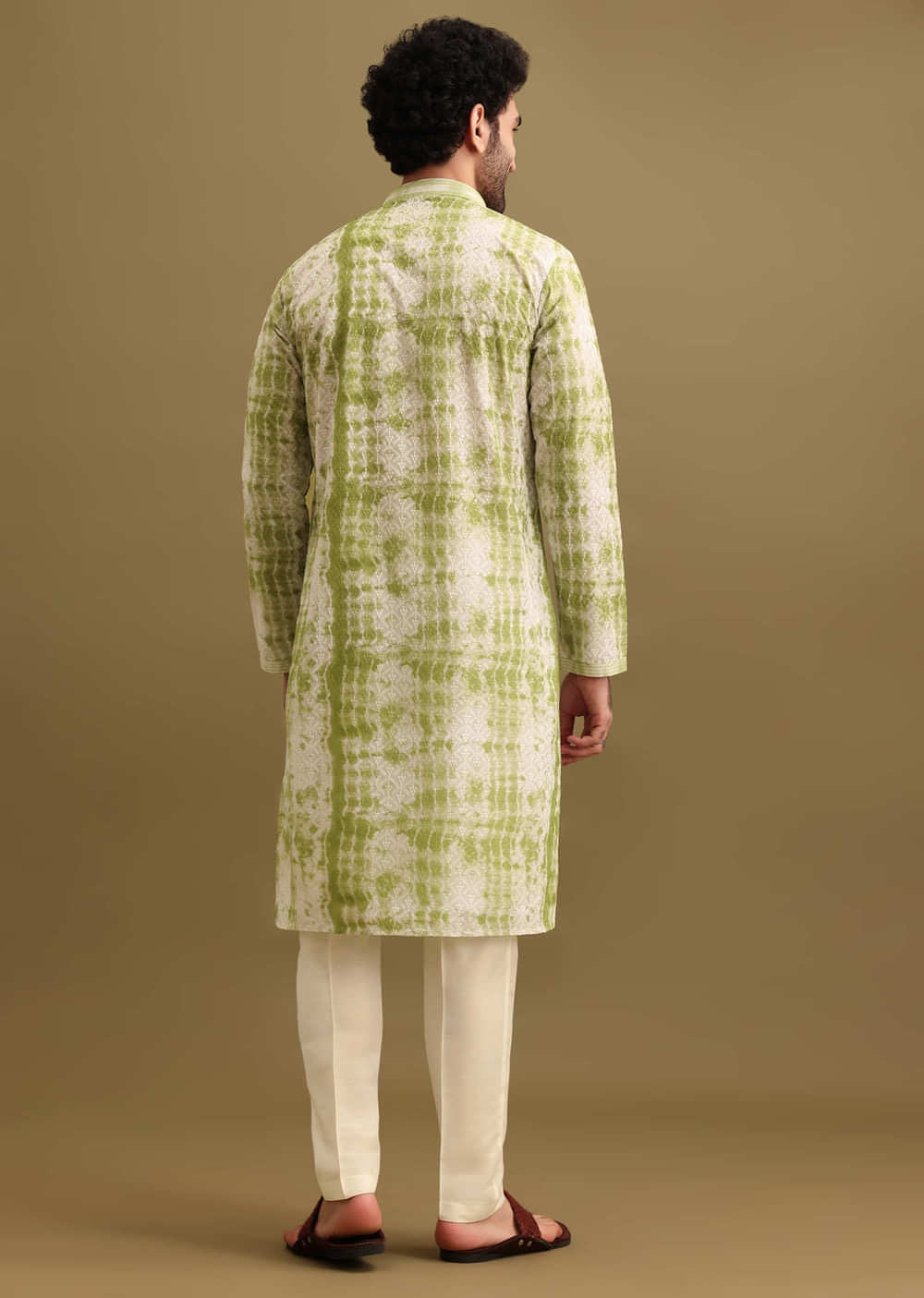 Green Printed Silk Kurta Set For Men