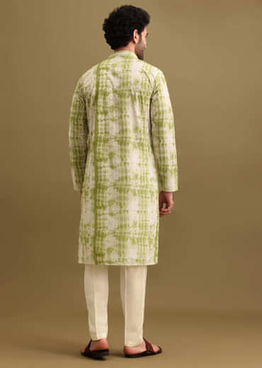 Green Printed Silk Kurta Set For Men