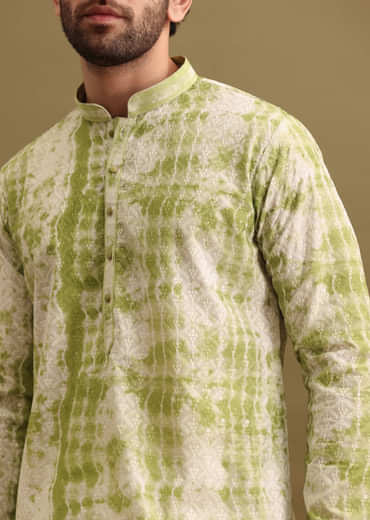 Green Printed Silk Kurta Set For Men
