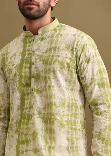 Green Printed Silk Kurta Set For Men