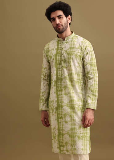 Green Printed Silk Kurta Set For Men
