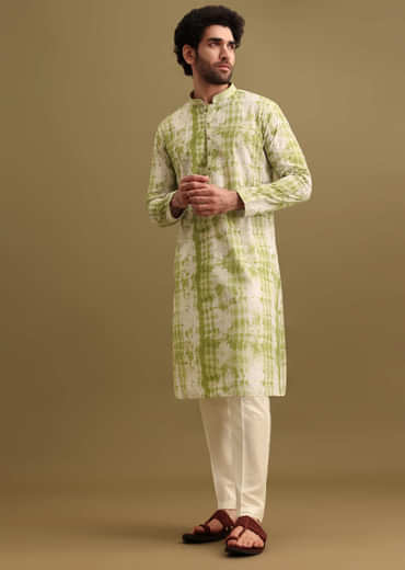 Green Printed Silk Kurta Set For Men