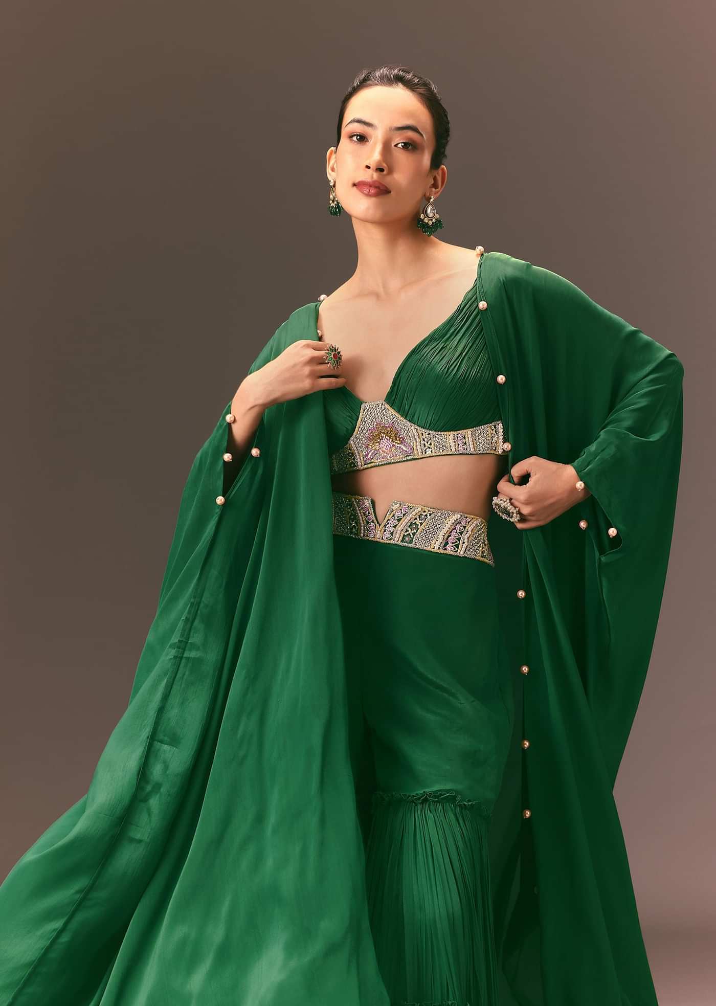 Green Ruched Blouse With Frill Palazzo And Cape