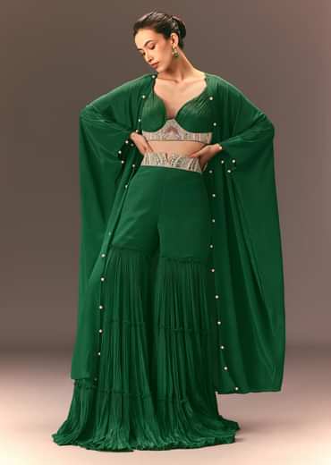 Green Ruched Blouse With Frill Palazzo And Cape