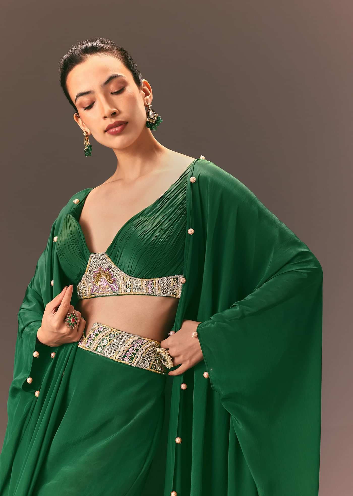 Green Ruched Blouse With Frill Palazzo And Cape