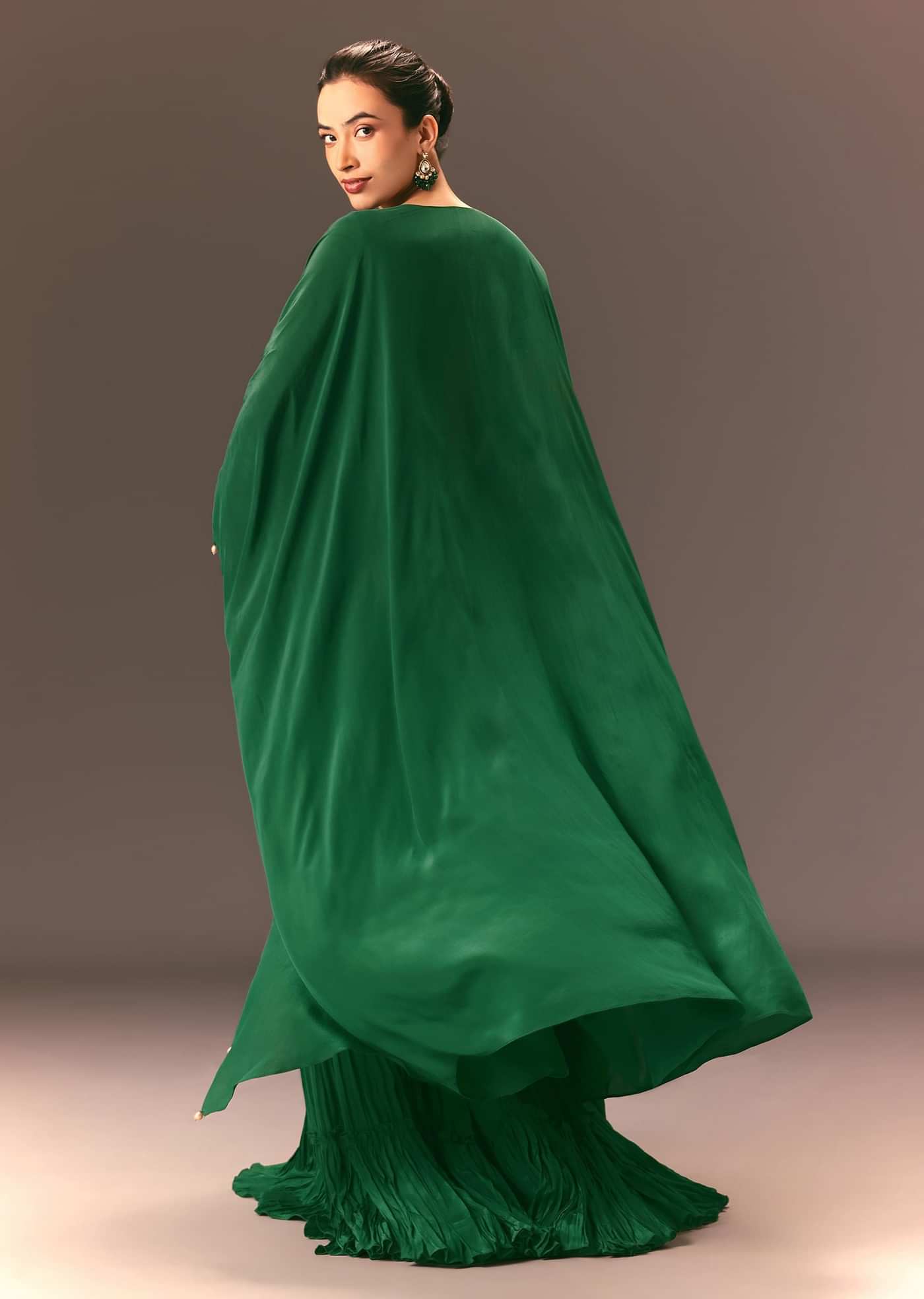 Green Ruched Blouse With Frill Palazzo And Cape