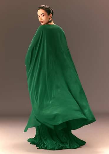 Green Ruched Blouse With Frill Palazzo And Cape