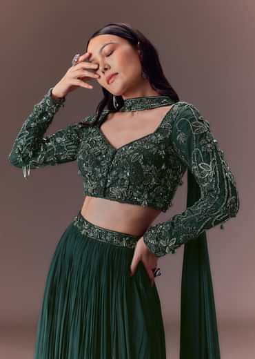 Green Ruched Frill Lehenga Set With Choker Dupatta