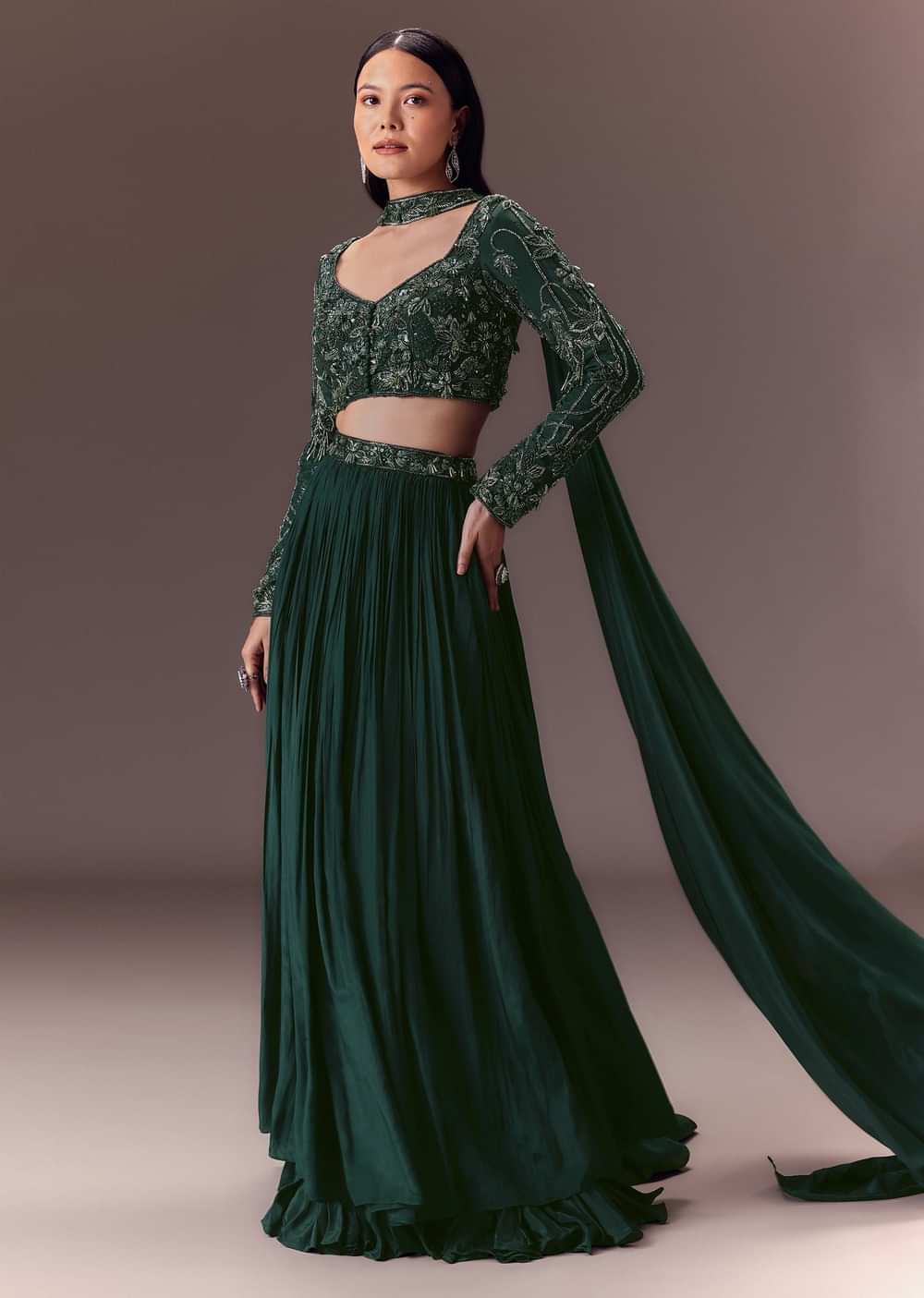 Green Ruched Frill Lehenga Set With Choker Dupatta