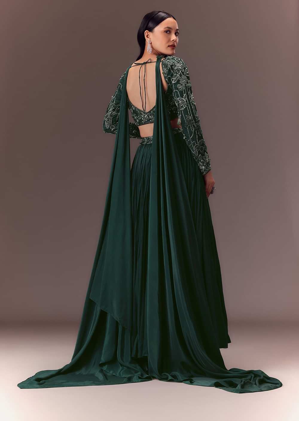 Green Ruched Frill Lehenga Set With Choker Dupatta