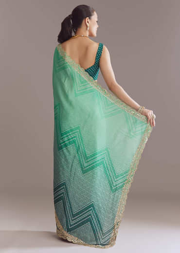 Green Satin Ombre Saree With Gota Patti Embroidery