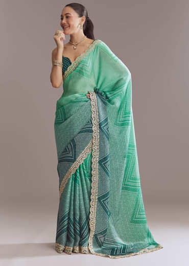 Green Satin Ombre Saree With Gota Patti Embroidery