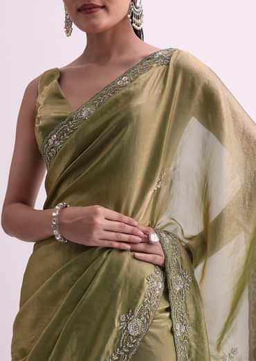 Green Satin Tissue Saree With Sequin Scallop Work And Unstitched Blouse Fabric