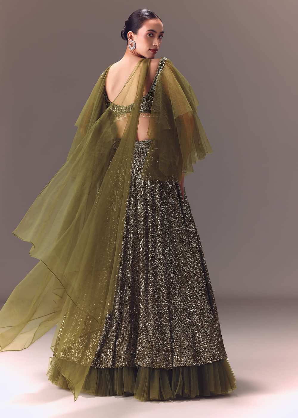 Green Sequin Frill Blouse With Lehenga And Choker Dupatta