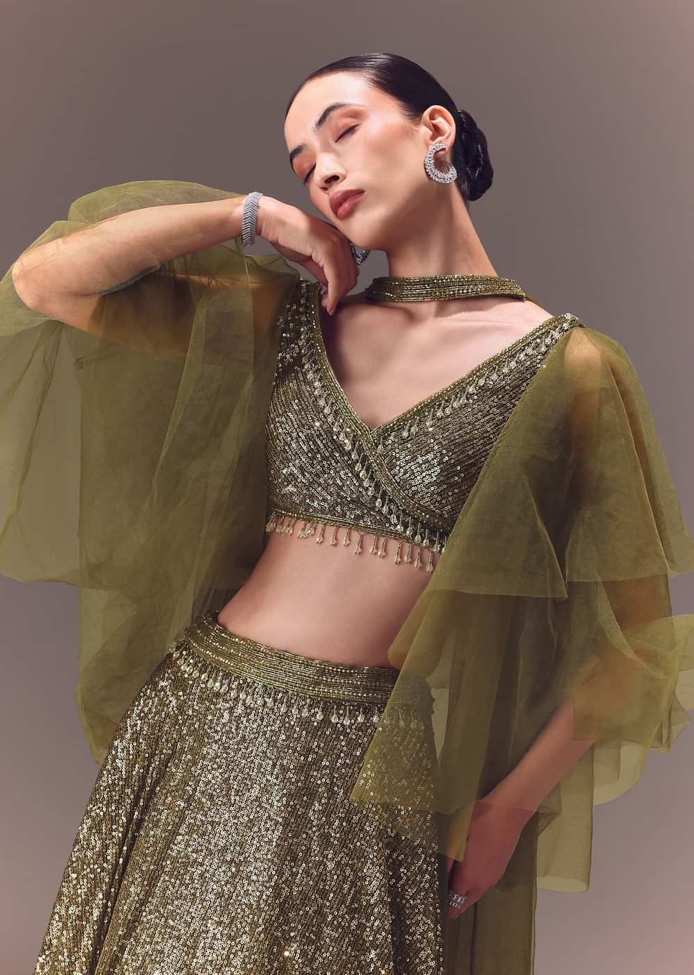 Green Sequin Frill Blouse With Lehenga And Choker Dupatta