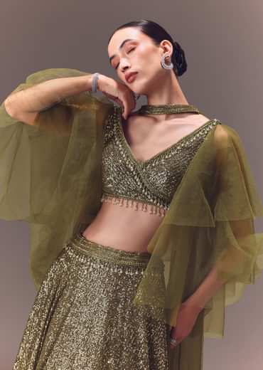 Green Sequin Frill Blouse With Lehenga And Choker Dupatta