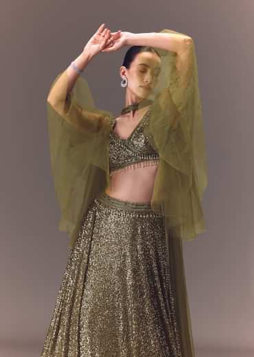 Green Sequin Frill Blouse With Lehenga And Choker Dupatta