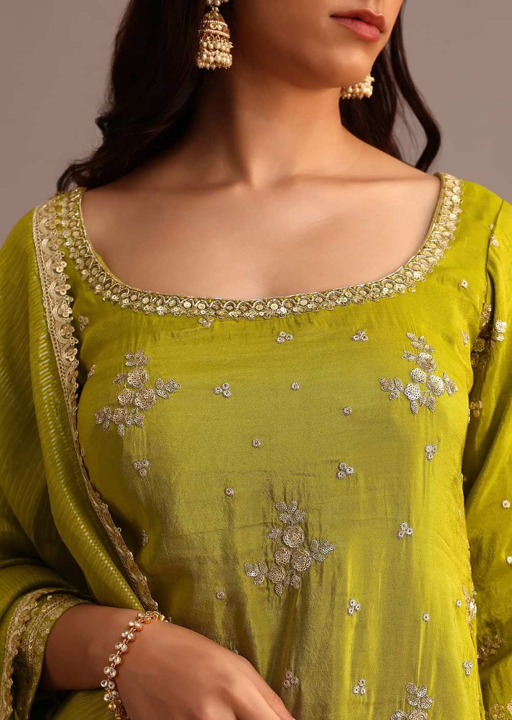 Green Sequins Kurti Sharara With Chanderi Banarasi Dupatta