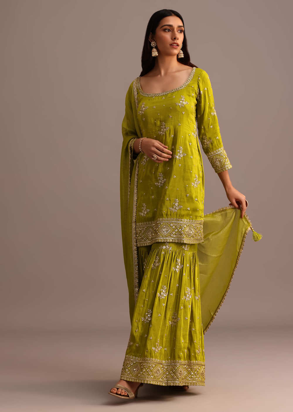 Green Sequins Kurti Sharara With Chanderi Banarasi Dupatta