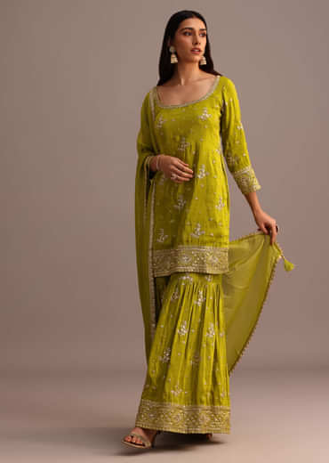Green Sequins Kurti Sharara With Chanderi Banarasi Dupatta