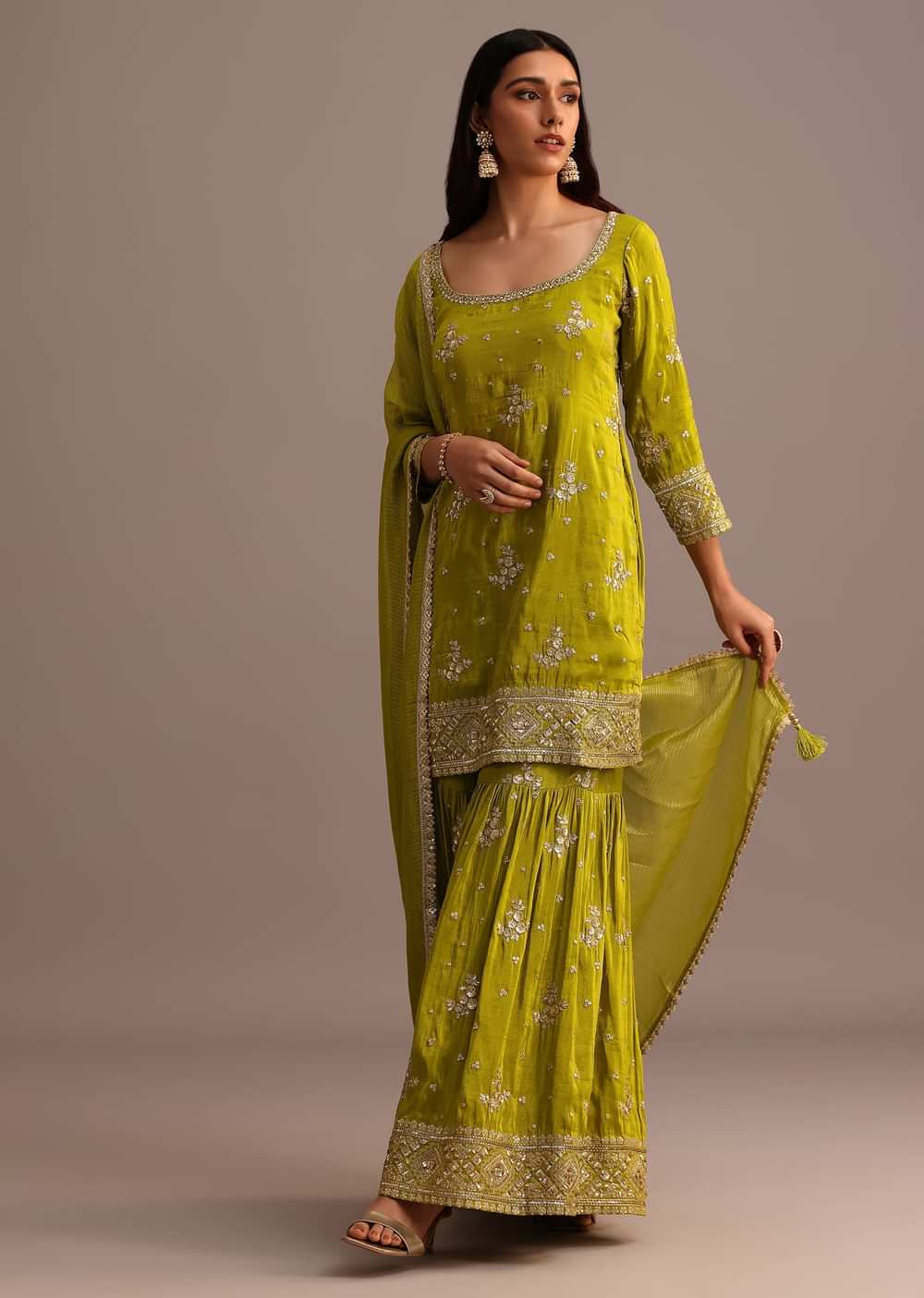 Green Sequins Kurti Sharara With Chanderi Banarasi Dupatta