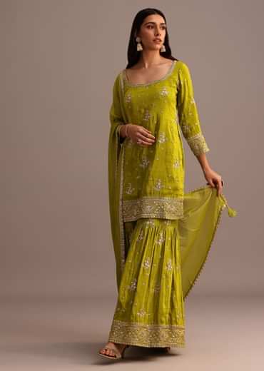 Green Sequins Kurti Sharara With Chanderi Banarasi Dupatta