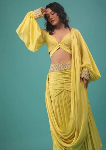 Green Sheen Yellow Ready-Pleated Saree In Satin