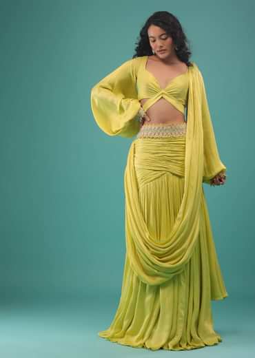 Green Sheen Yellow Ready-Pleated Saree In Satin