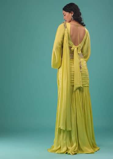 Green Sheen Yellow Ready-Pleated Saree In Satin