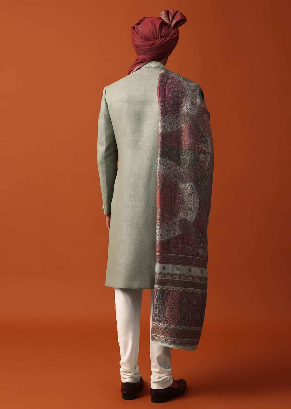 Green Sherwani Set Featuring Exquisite Neckline Embroidery With A Pashmina Dupatta