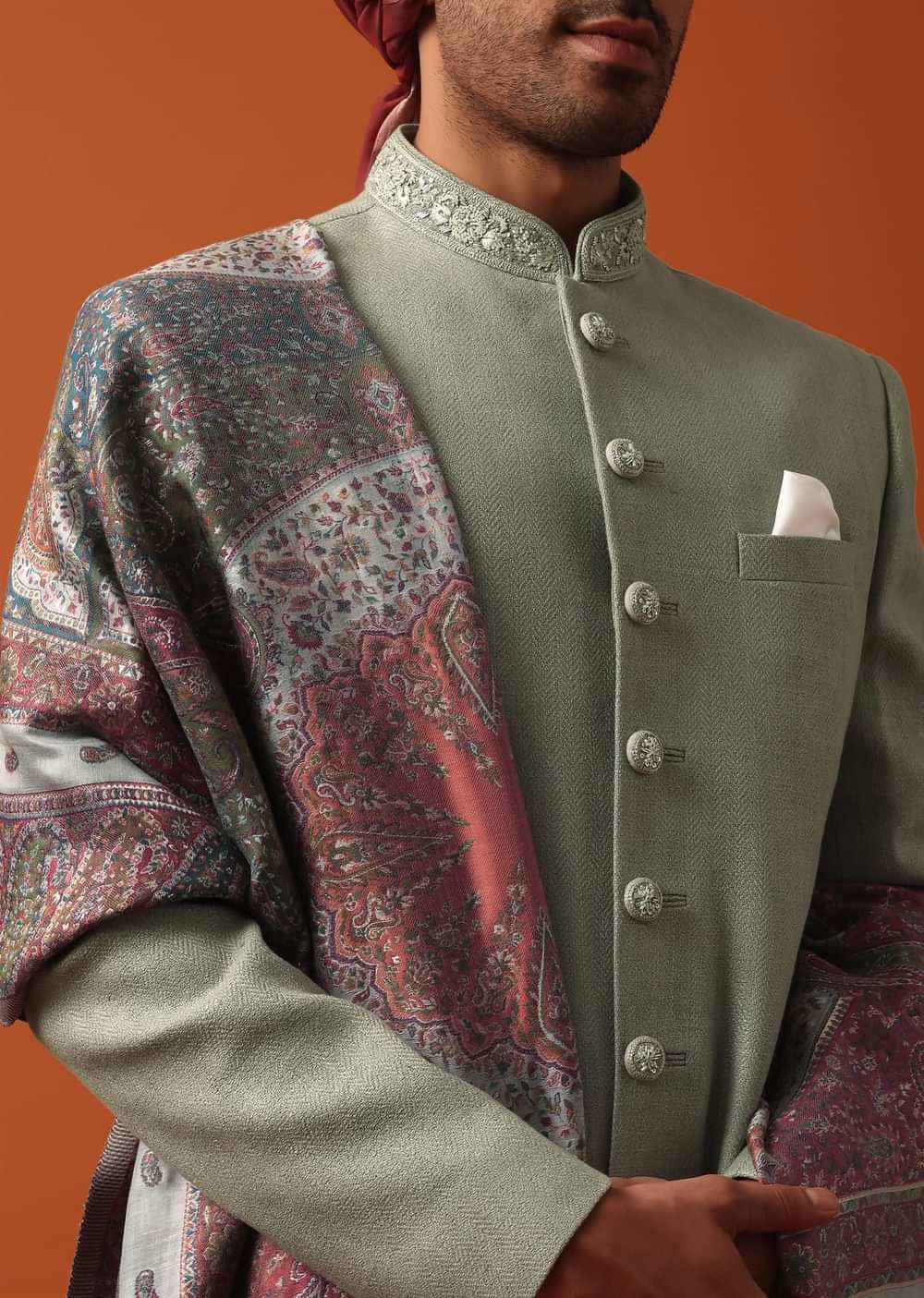 Green Sherwani Set Featuring Exquisite Neckline Embroidery With A Pashmina Dupatta