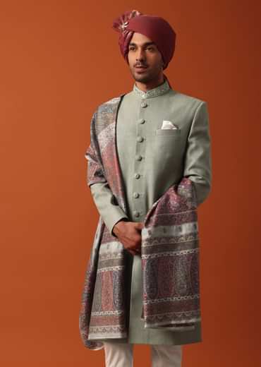 Green Sherwani Set Featuring Exquisite Neckline Embroidery With A Pashmina Dupatta