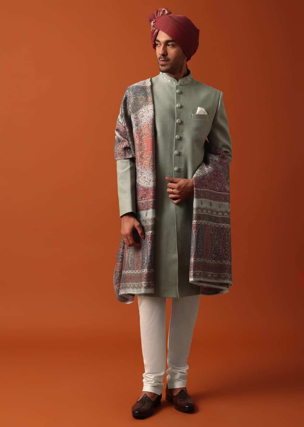 Green Sherwani Set Featuring Exquisite Neckline Embroidery With A Pashmina Dupatta