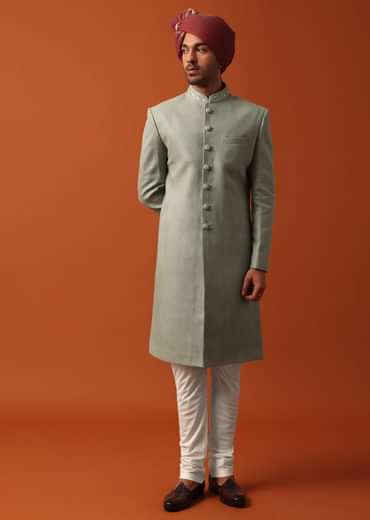 Green Sherwani Set Featuring Exquisite Neckline Embroidery With A Pashmina Dupatta