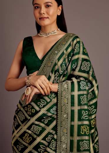 Green Silk Bandhani Woven Saree