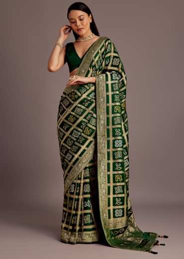 Green Silk Bandhani Woven Saree