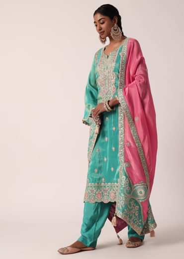 Green Silk Pant Set With Zari Embroidered Kurta