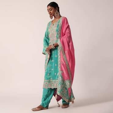 Green Silk Pant Set With Zari Embroidered Kurta