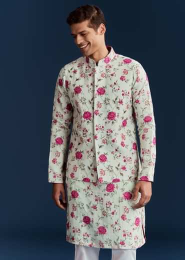 Green Silk Printed Kurta With Floral Sequins And Stone Work