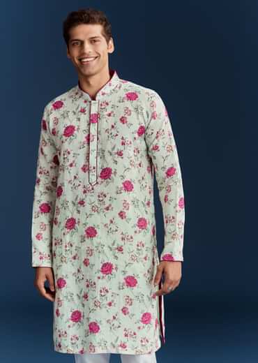 Green Silk Printed Kurta With Floral Sequins And Stone Work