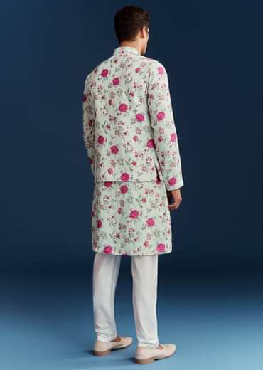 Green Silk Printed Kurta With Floral Sequins And Stone Work