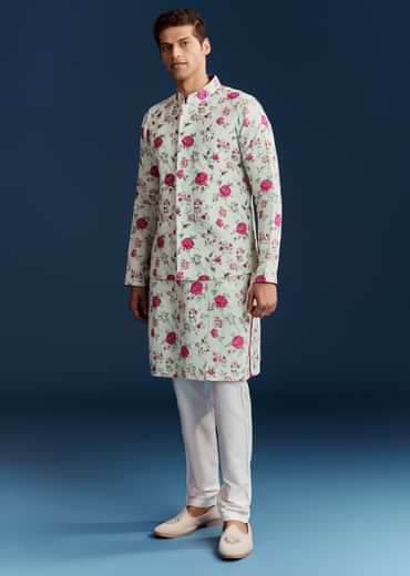 Green Silk Printed Kurta With Floral Sequins And Stone Work