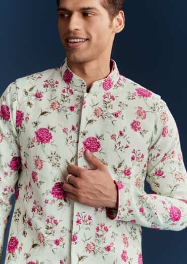 Green Silk Printed Kurta With Floral Sequins And Stone Work