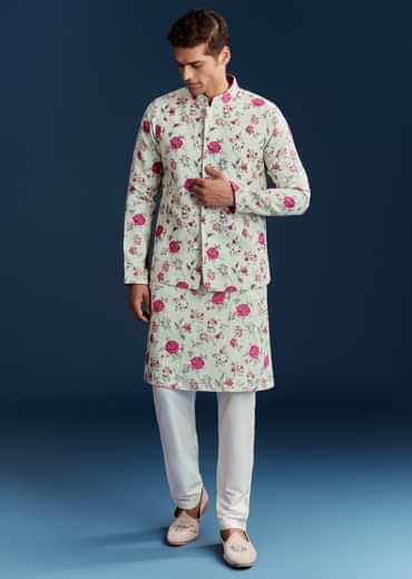 Green Silk Printed Kurta With Floral Sequins And Stone Work
