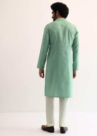 Green Silk Self Work Kurta Set For Men