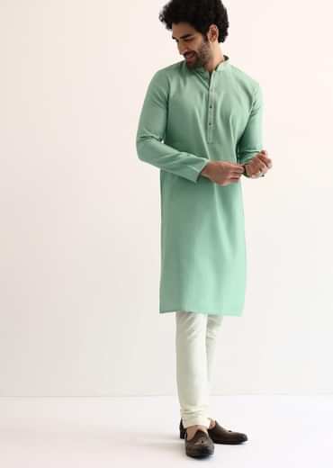 Green Silk Self Work Kurta Set For Men