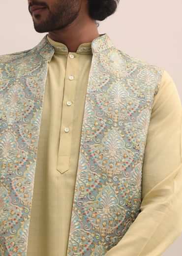 Green Threadwork Kurta Jacket Set For Men