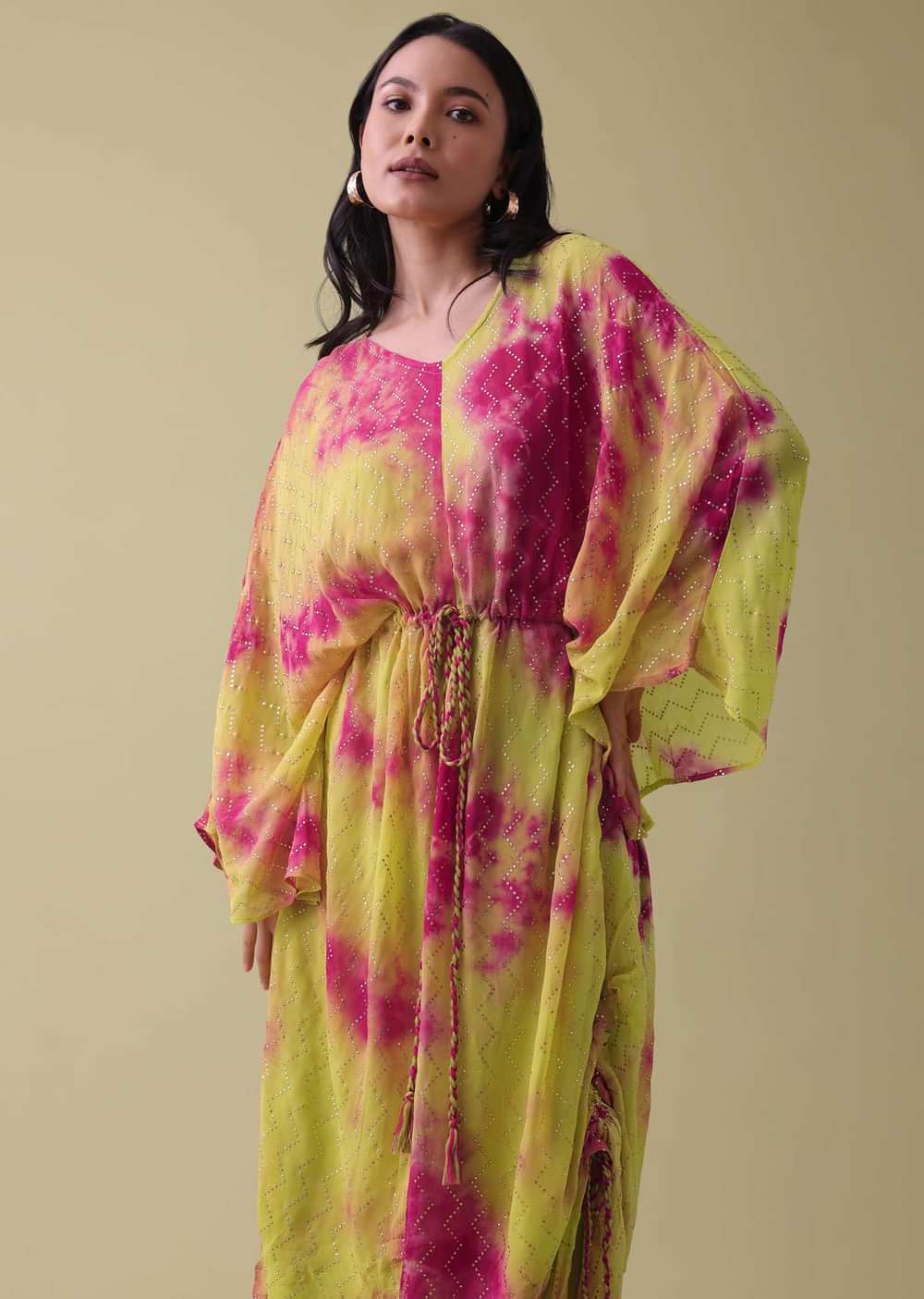 Green Tie Dye Kurti In Georgette With Badla Work