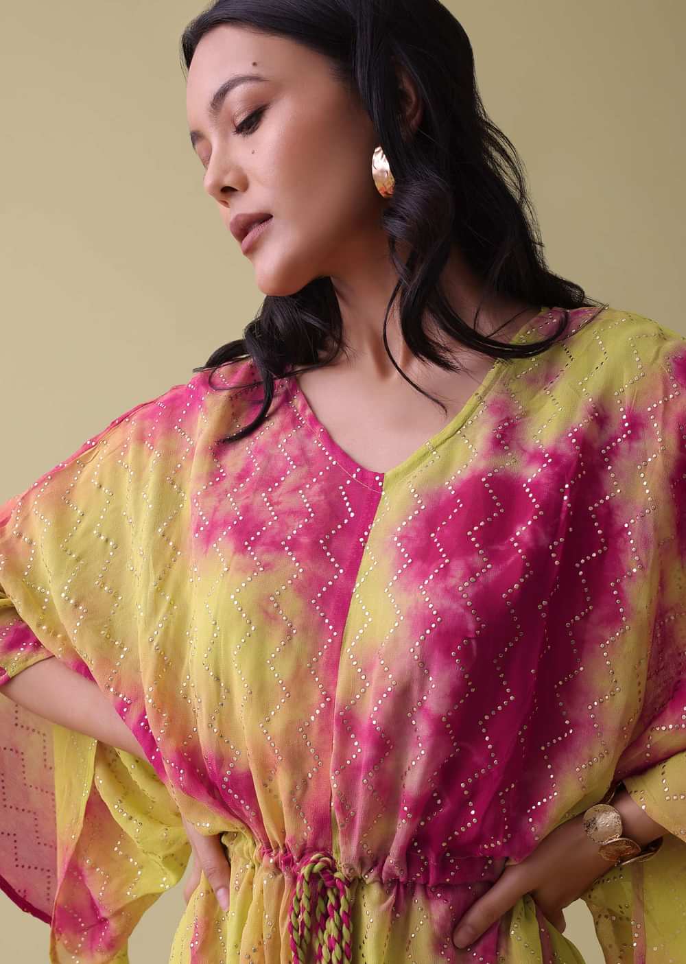 Green Tie Dye Kurti In Georgette With Badla Work