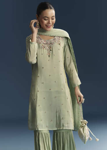 Green Tissue Sharara Suit With Zardosi And Resham Embroidery